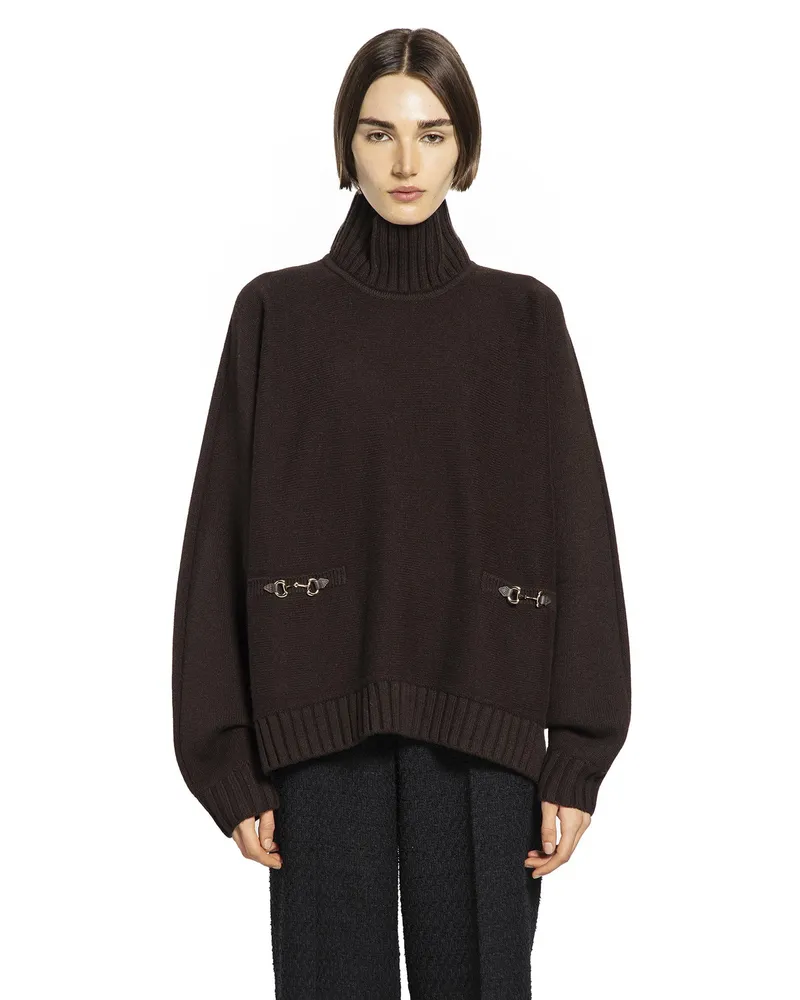 Gucci Wool Cashmere Horsebit Turtleneck Sweater Brown