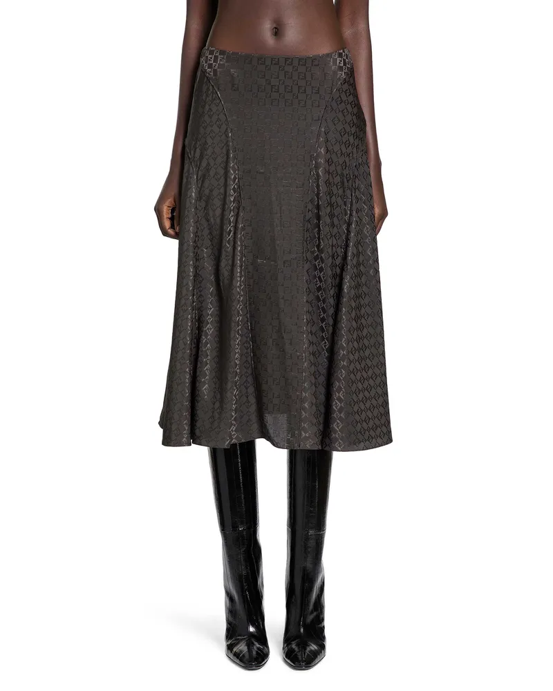 Fendi FF Silk Midi Skirt Brown