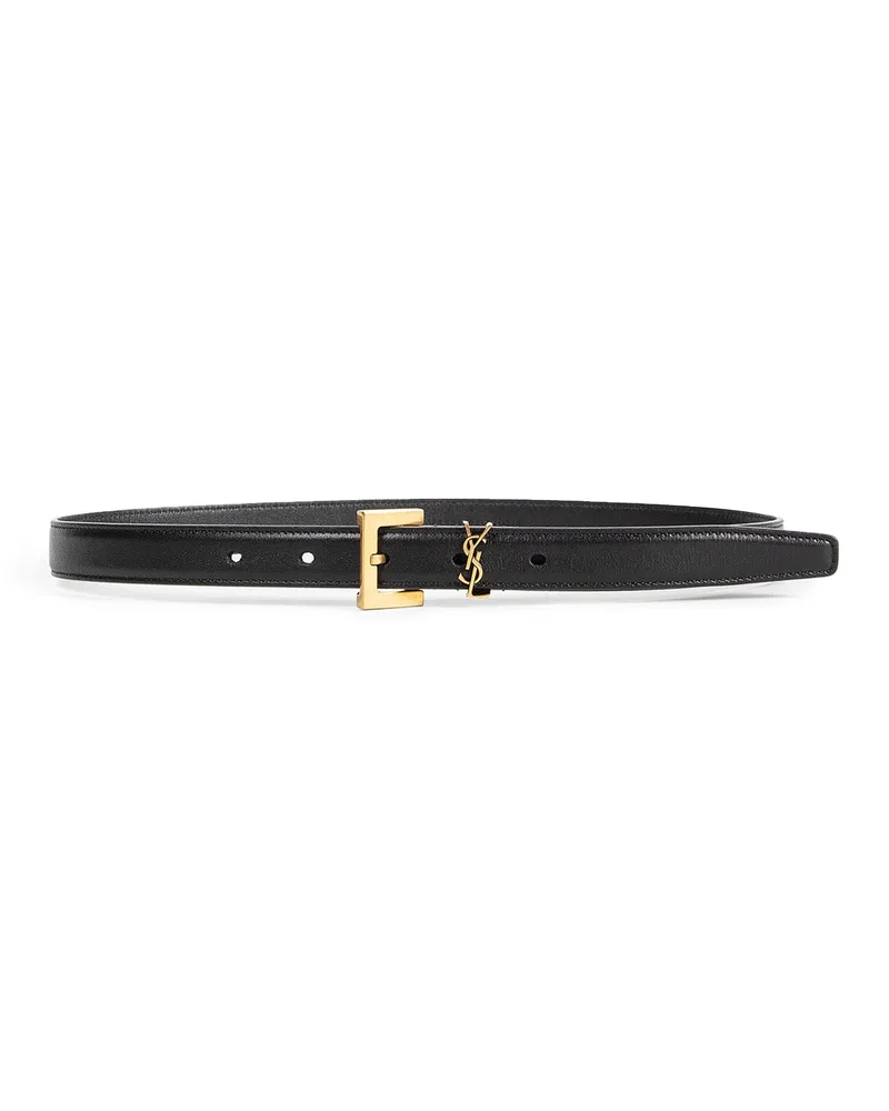 Saint Laurent Cassandre Thin Belt in Lacquered Leather Black