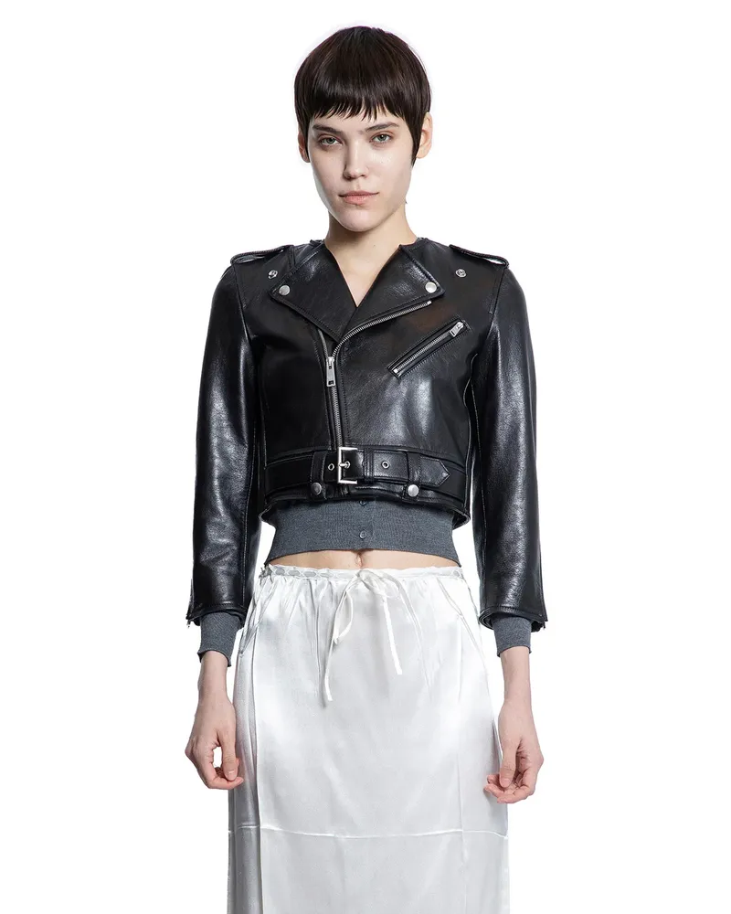 Prada Cropped Leather Biker Jacket Black