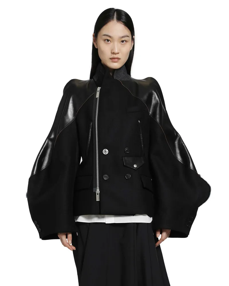 Sacai Leather x Wool Melton Jacket Black