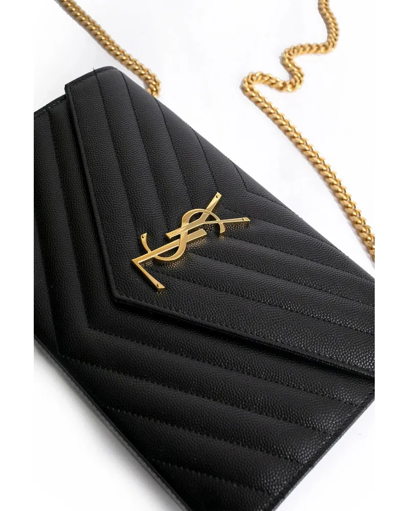 Saint Laurent Monogram Chain Wallet In Grain De Poudre Embossed Leather Black