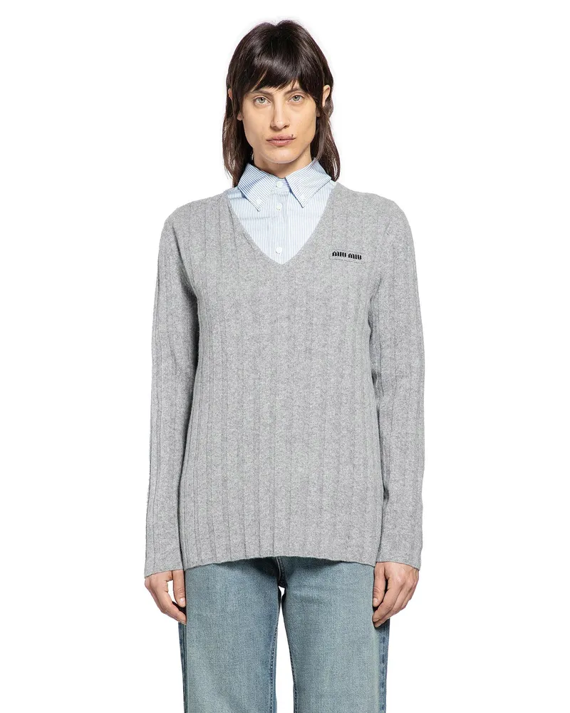 Miu Miu Wool and Cashmere V-Neck Sweater Grey