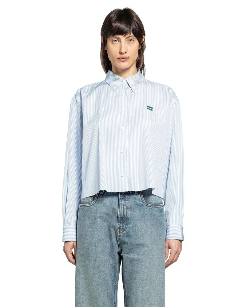 Miu Miu Pinstriped Cotton Cropped Shirt Blue