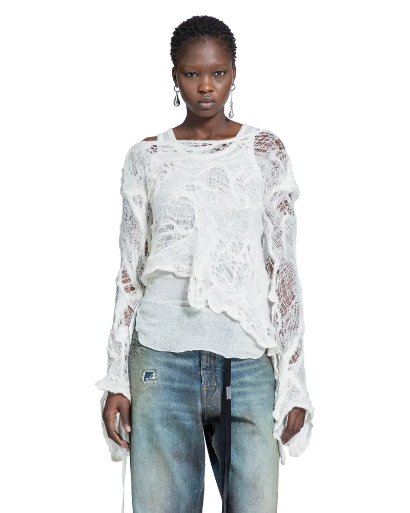 Ann Demeulemeester Cilia Off-Shoulder Sweater in Ripped Sheer Knit White