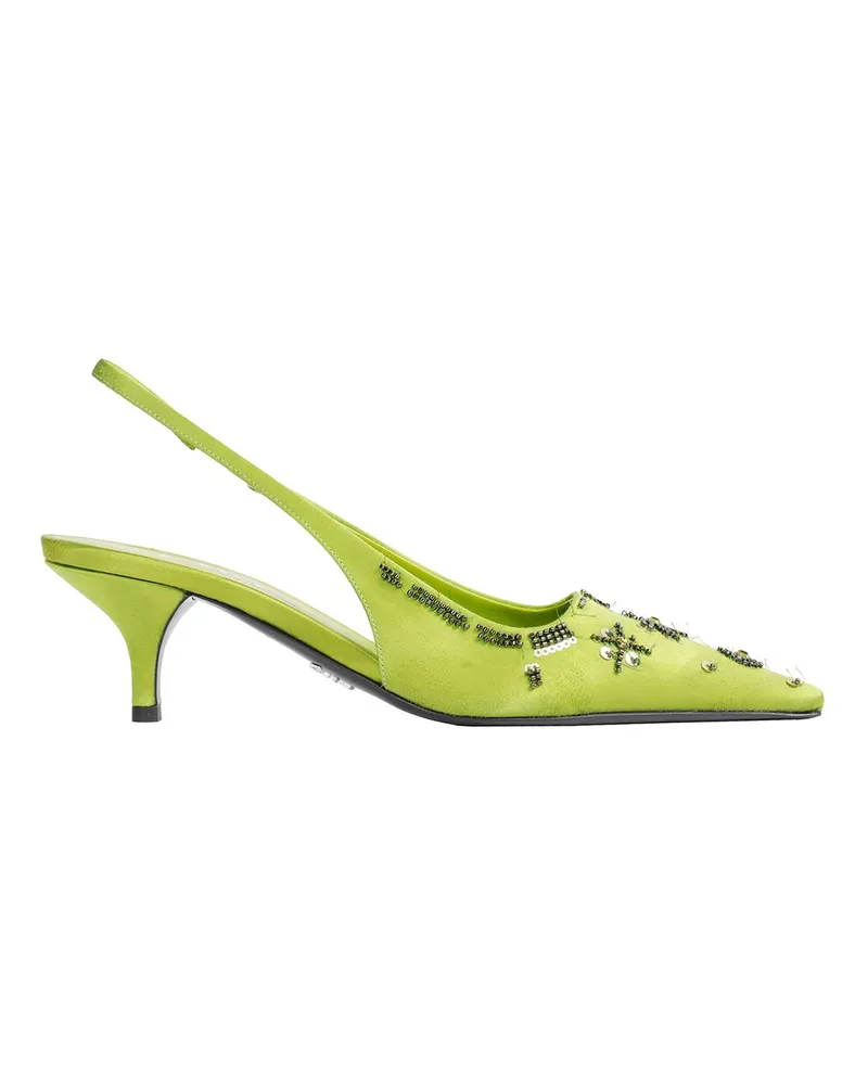 Prada Embroidered Satin Slingback Pumps Green