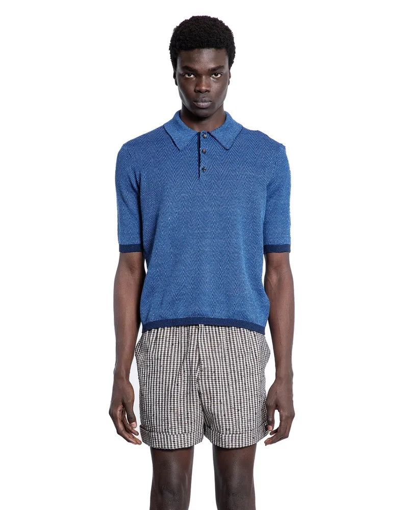 Bottega Veneta Cotton Linen Chevron Polo Shirt Blue