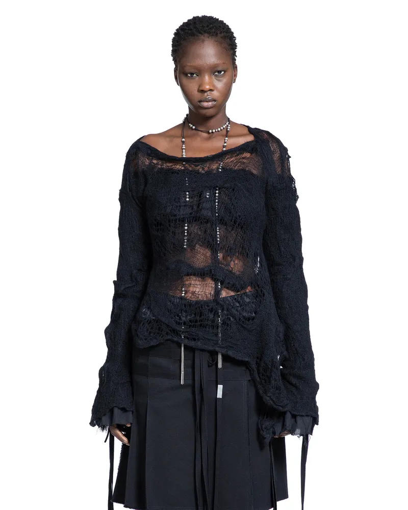 Ann Demeulemeester Cilia Off-Shoulder Sweater in Ripped Sheer Knit Black