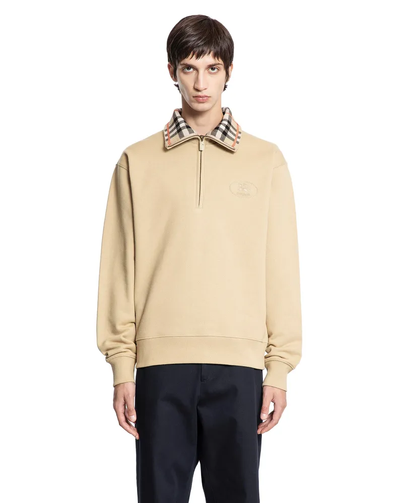 Burberry Check Collar Cotton Half-zip Sweatshirt Beige