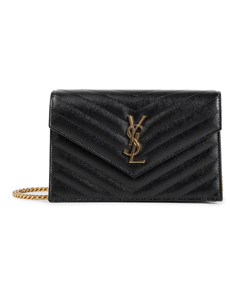 Saint Laurent Cassandre Matelassé Chain Wallet in Grain de Poudre Black