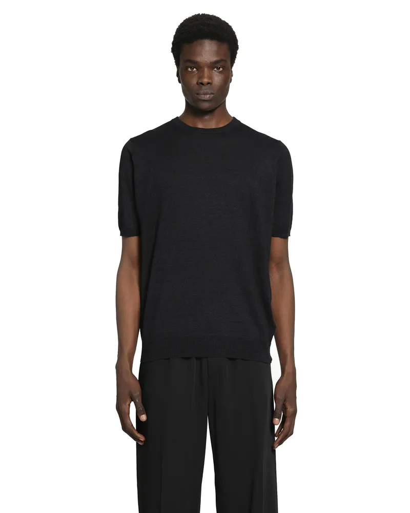 LARDINI Cotton Linen Jacquard Knit T-Shirt Black