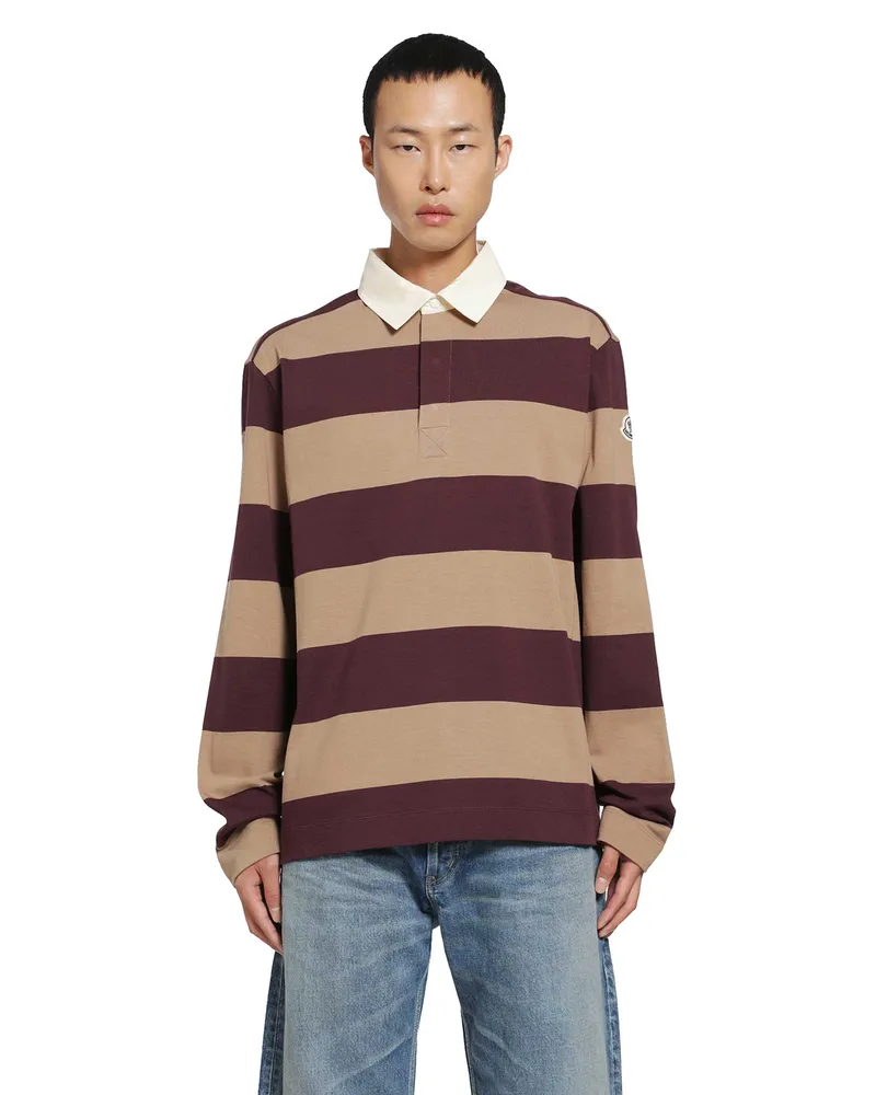 Moncler Striped Cotton Long Sleeve Polo Shirt Beige