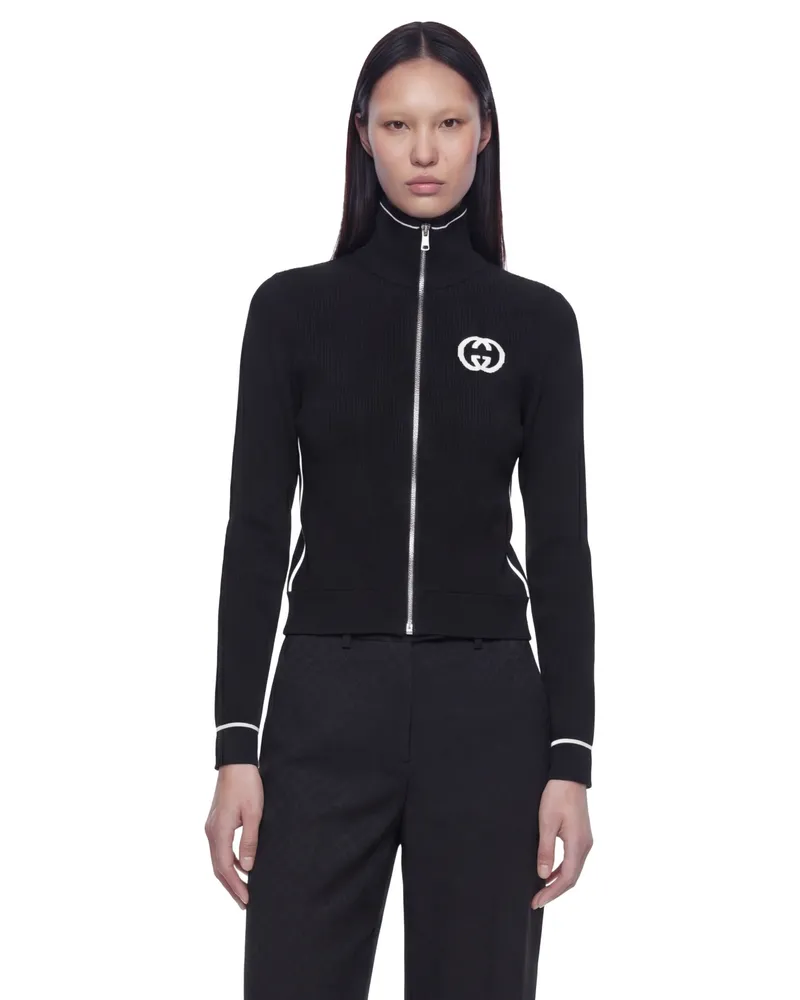 Gucci Ribbed Zip Jacket With Intarsia Black