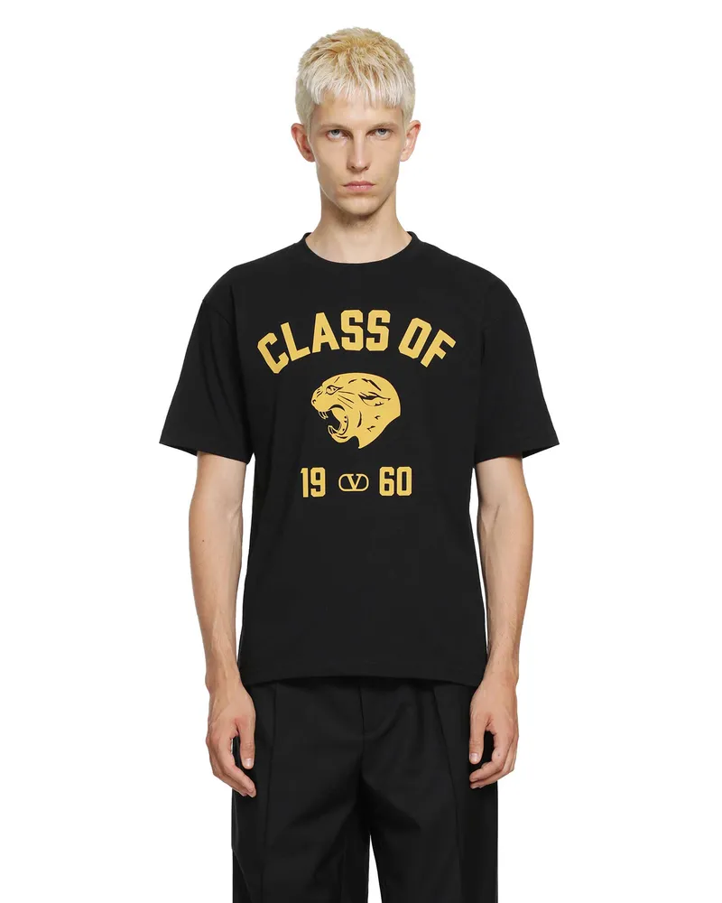 Valentino Garavani Cotton T-Shirt with Panther Print Black