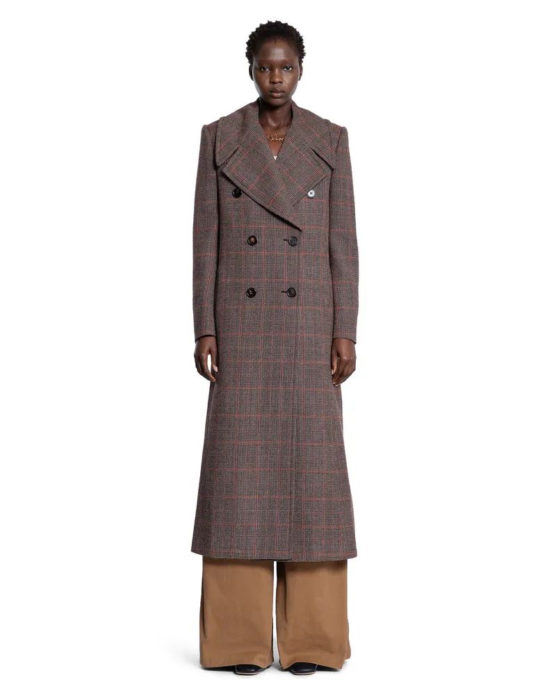 Chloé Long Double-Breasted Coat in Check Wool Brown
