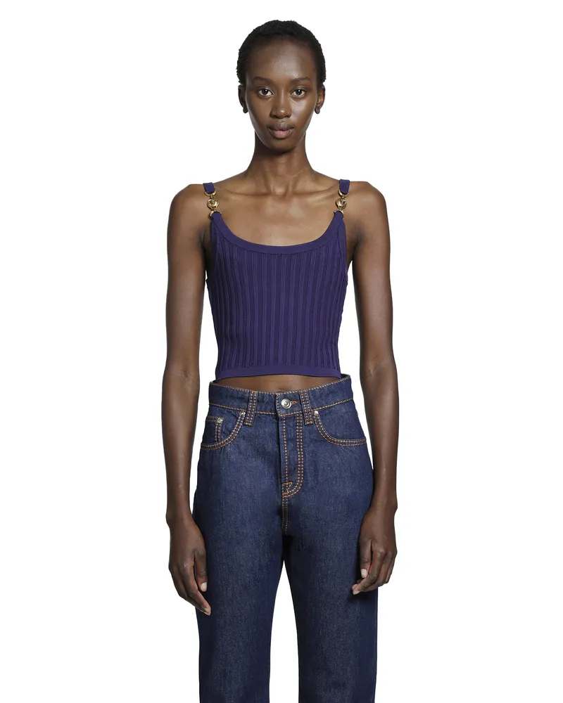 Versace Stretch Viscose Mesh Ribbed Knit Top Purple