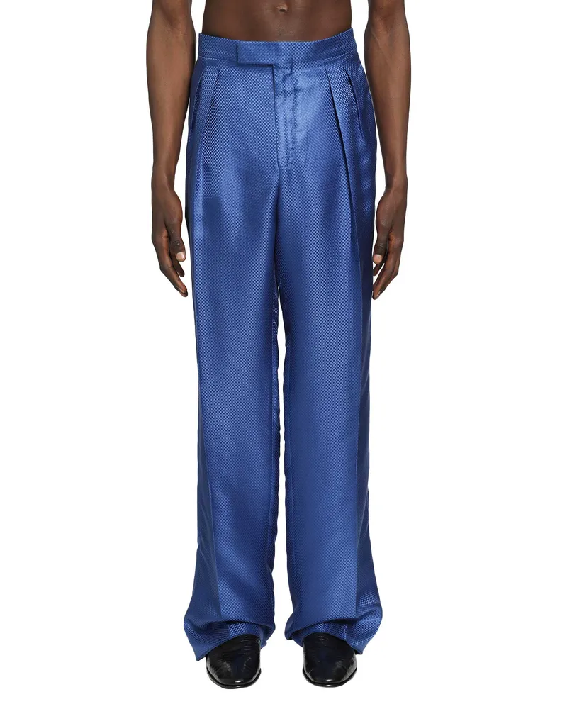 Tom Ford Silk Hopsack Pleated Trousers Blue