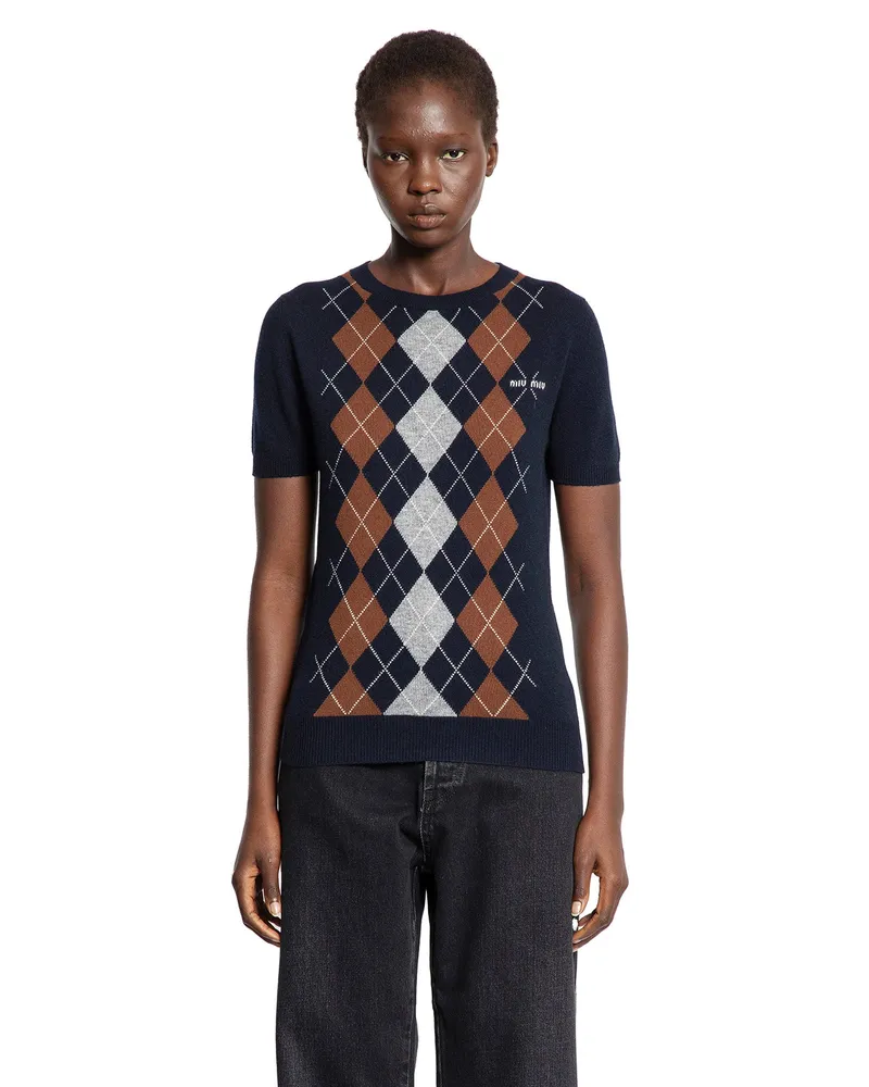 Miu Miu Cashmere Argyle Short Sleeve Sweater Blue