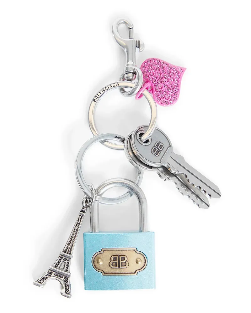 Balenciaga Lock and heart of crystals Keychain Silver
