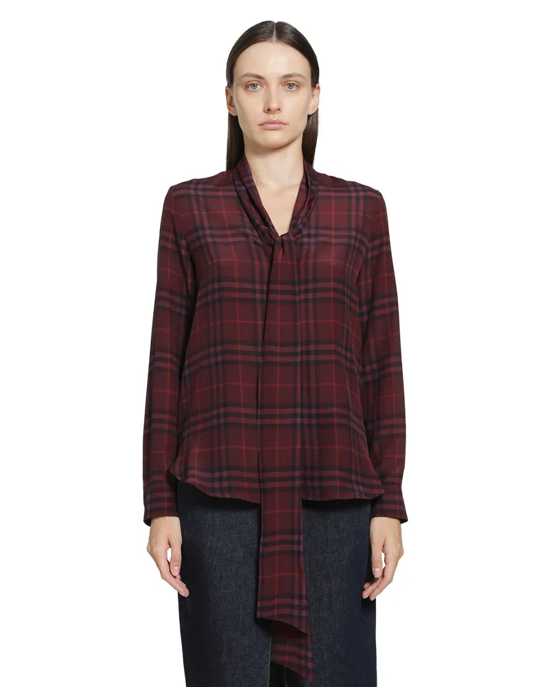 Burberry Check Silk Scarf Blouse Purple