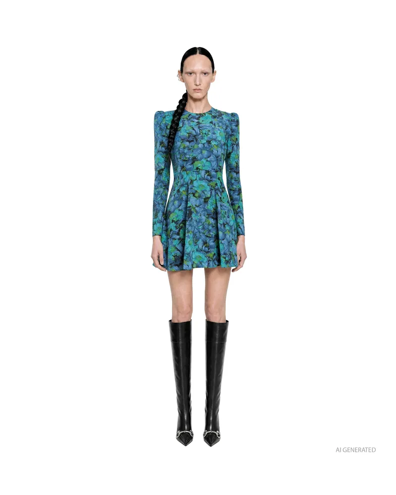 Gucci Printed Silk Crepe de Chine Dress Blue