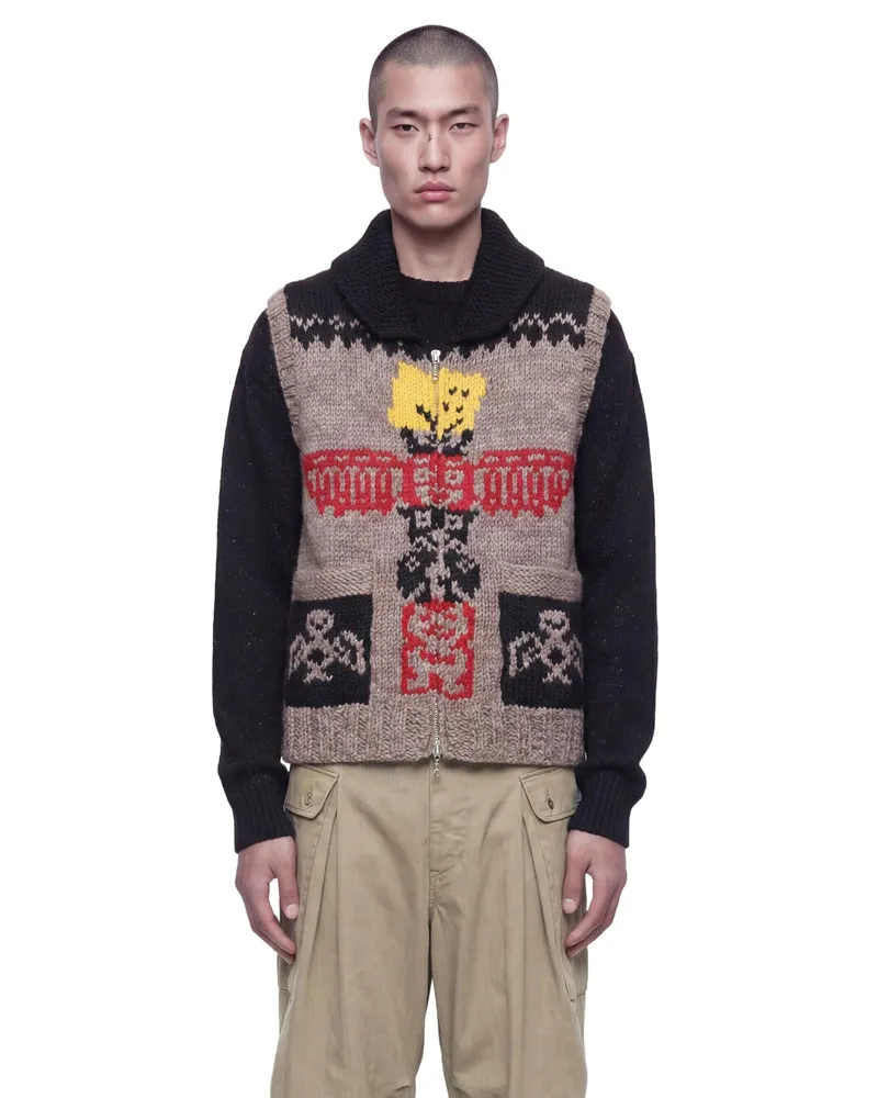 KAPITAL Hand Knit Peckish Totem Pole Vest Beige