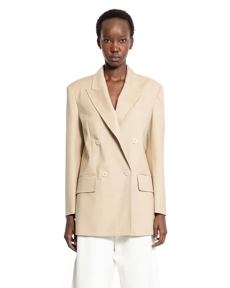 Max Mara Double-Breasted Blazer in Stretch Canvas Beige