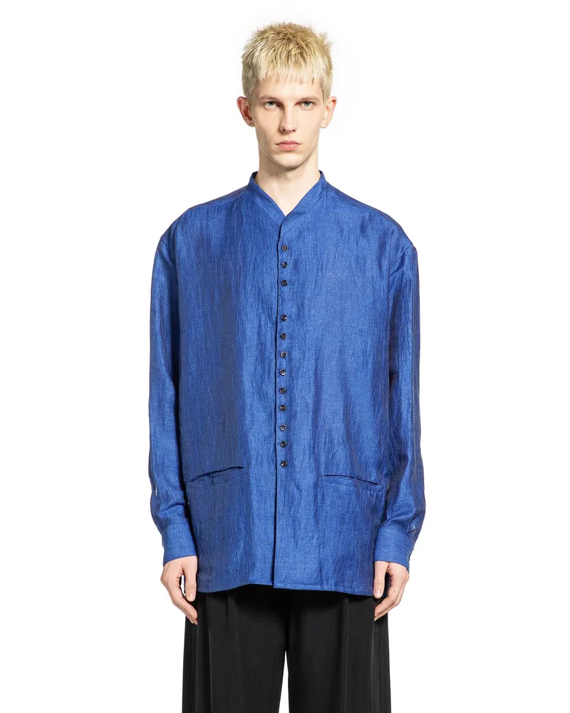 Giorgio Armani Faded Linen Blend Shirt Jacket Blue