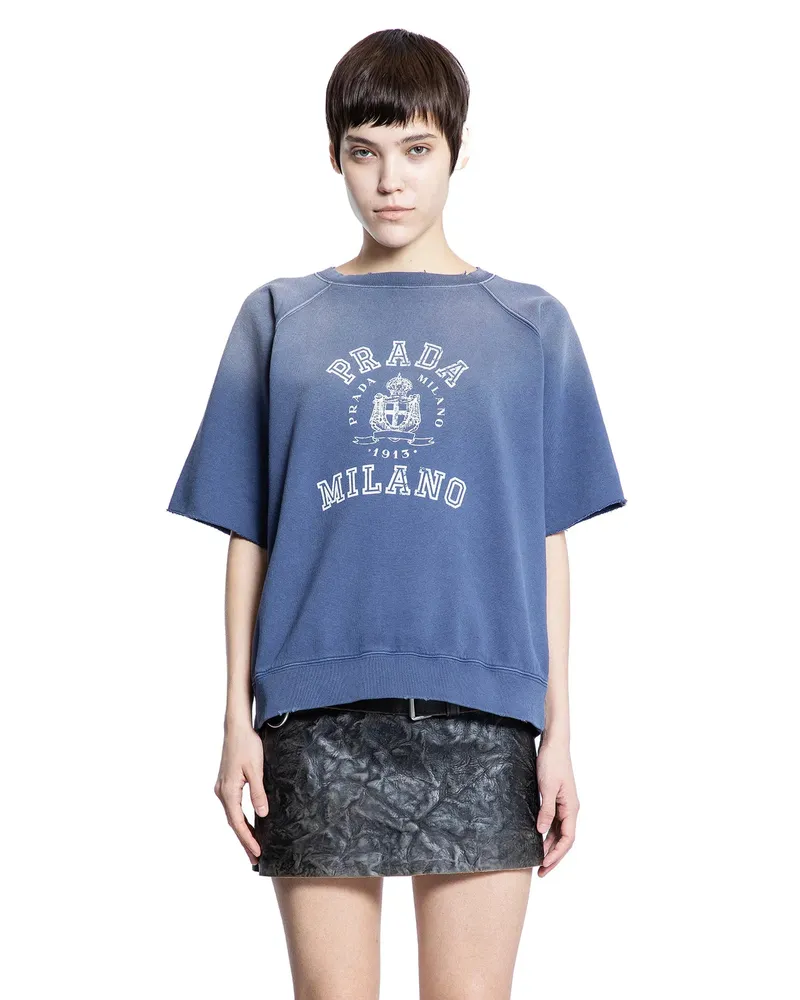 Prada College Logo Short Sleeve Sweatshirt Blue