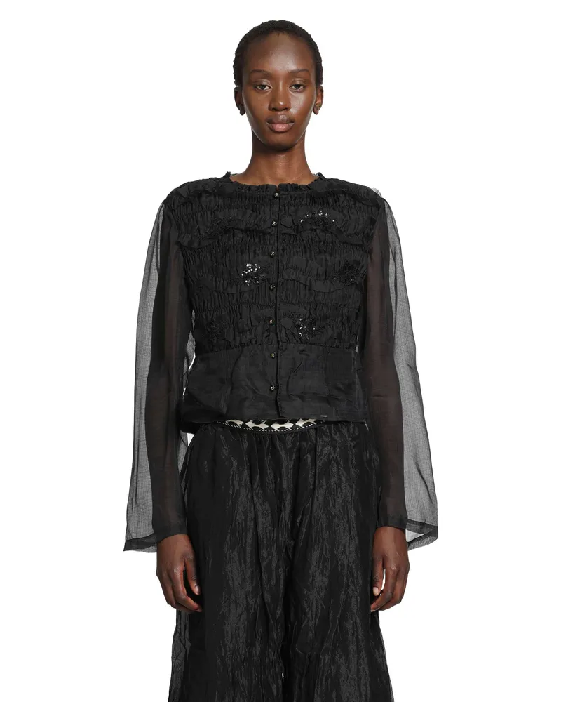 Renli Su Shirred Silk Twill and Organza Shirt Black