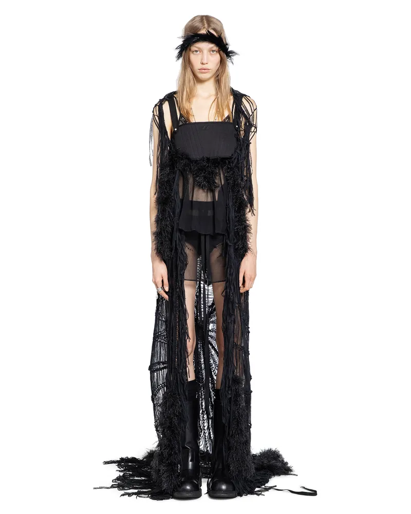 Ann Demeulemeester Ildi Crochet Scarf with Feathered Fringes Black