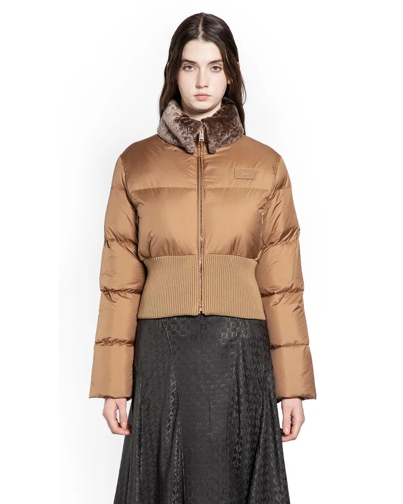 Fendi Nylon and Shearling Down Jacket Brown