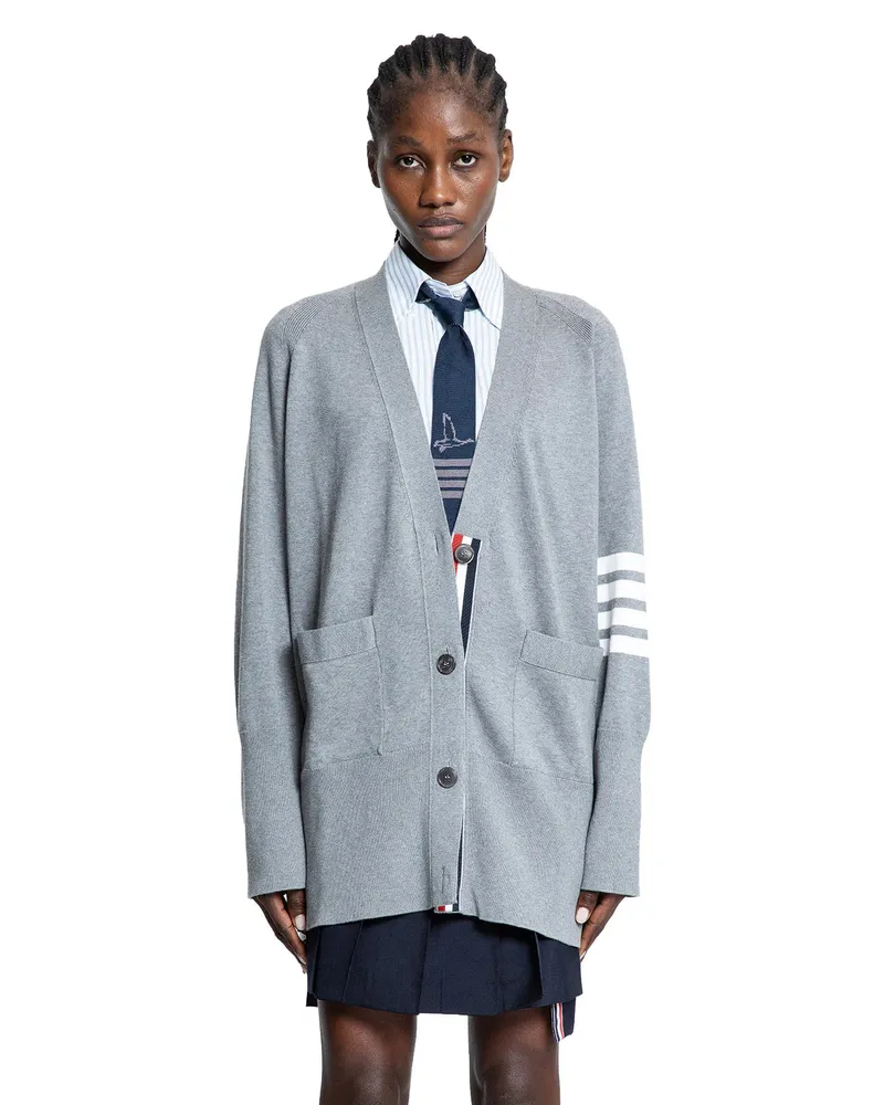 Thom Browne Cotton 4-Bar V-Neck Cardigan Grey