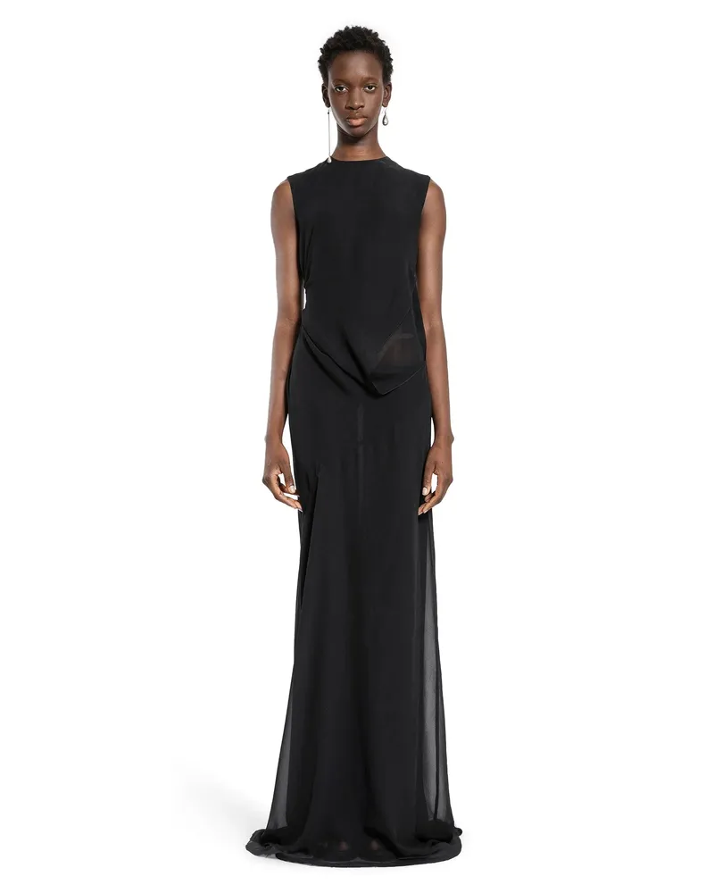 Ann Demeulemeester Leah Long Asymmetric Dress in Silk Georgette Black