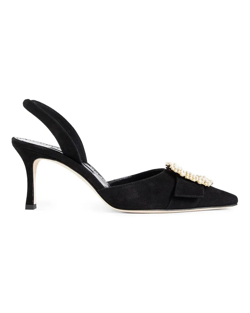 Manolo Blahnik Gibsli Suede Pearl Buckle Slingback Pumps Black