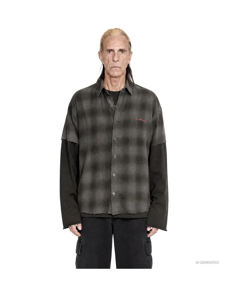 44 LABEL GROUP Darkened Flannel Double Shirt Tee Grey