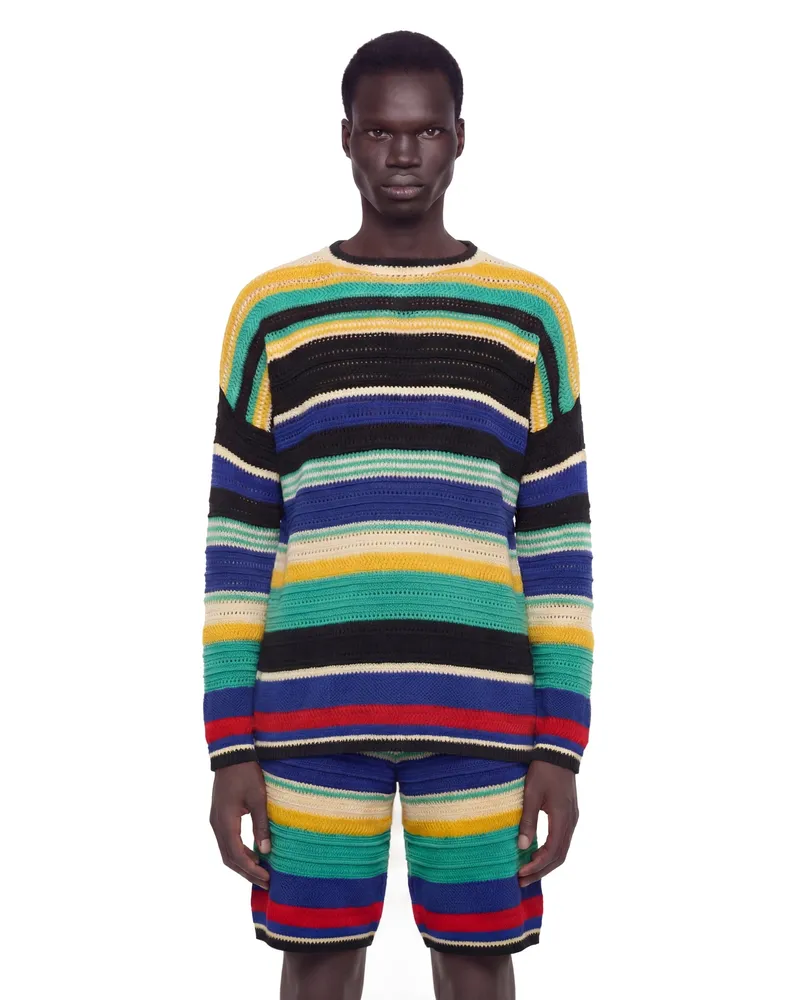 Laneus Striped Crochet Knit Sweater Multicolor
