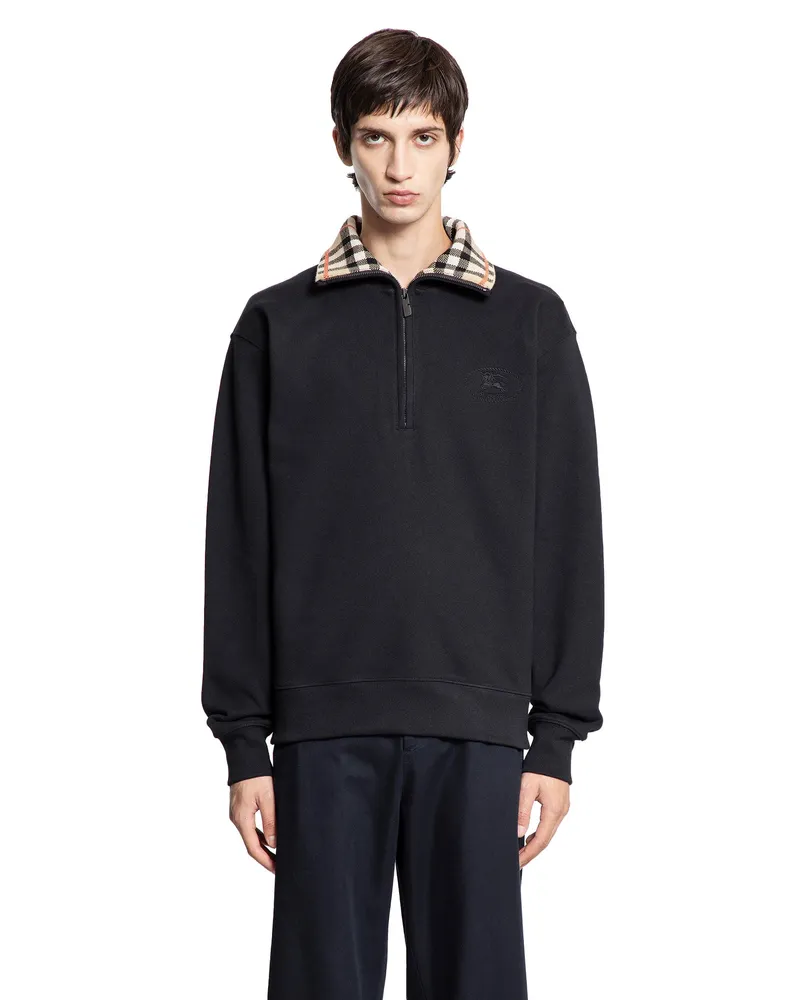Burberry Check Collar Cotton Half-Zip Sweatshirt Black