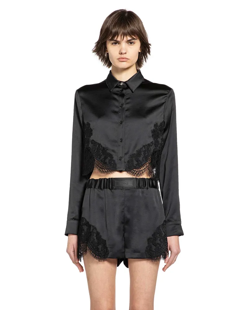 Versace Lace-Trim Satin Crop Shirt Black