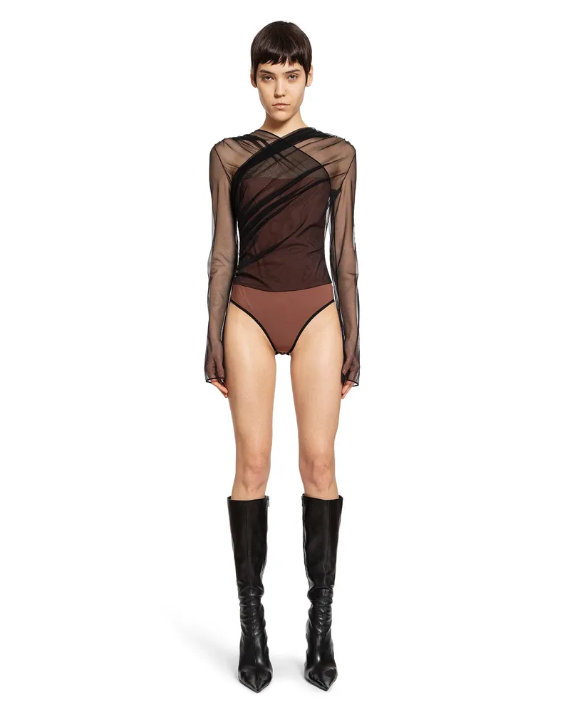 Nensi Dojaka Semi-Sheer Gathered Long Sleeves Bodysuit Black