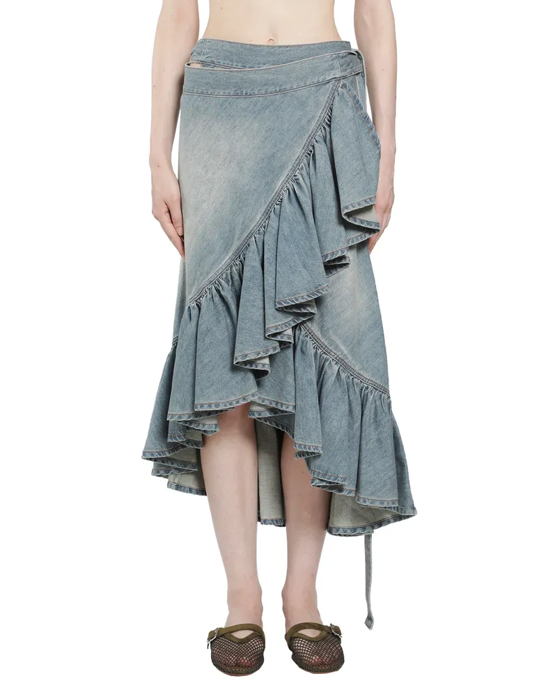 Alaïa Denim Ruffle Skirt Blue