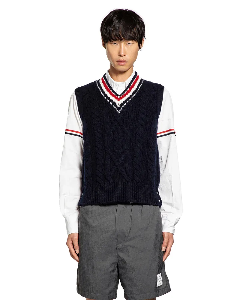 Thom Browne Aran Cable Stitch V-Neck vest Blue