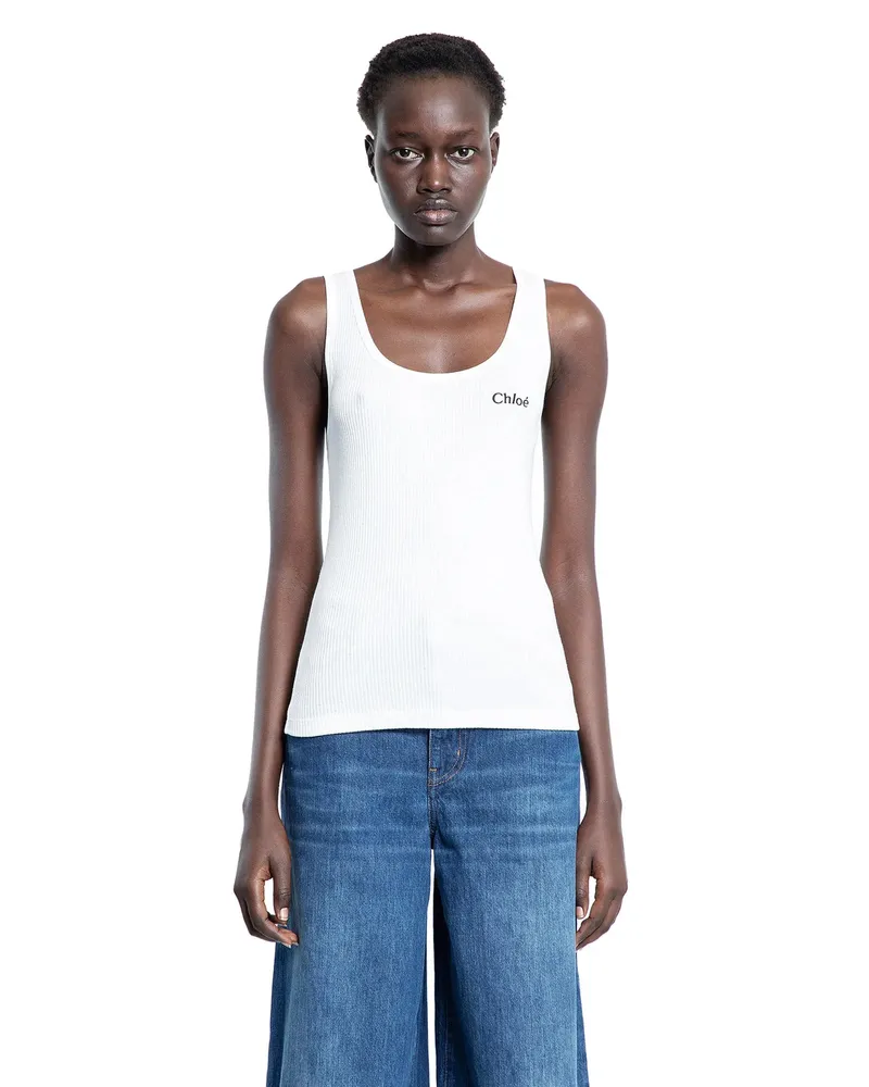 Chloé Ribbed Jersey Logo Tank Top White
