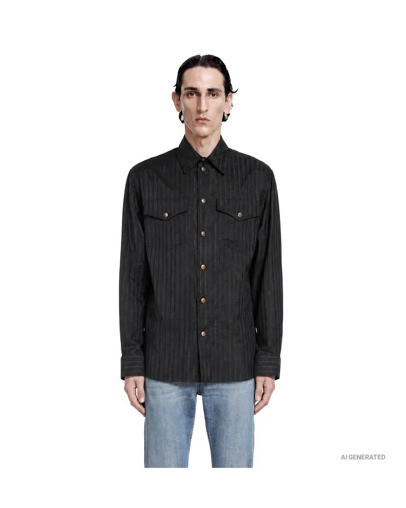 Versace Greca Pinstripe Cotton Silk Shirt Black