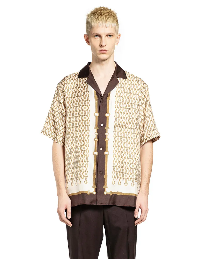 Gucci Equestrian Silk Twill Bowling Shirt Beige