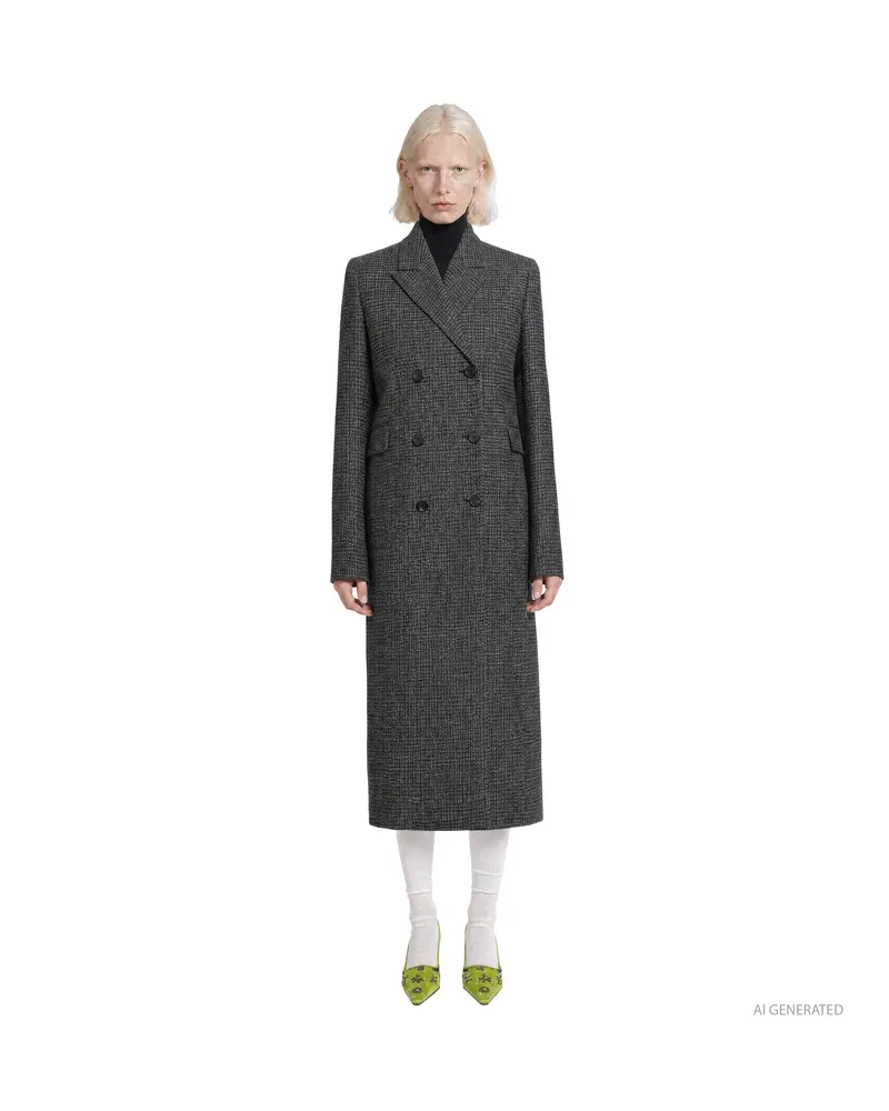 Prada Double-Breasted Gingham Check Wool Coat Grey