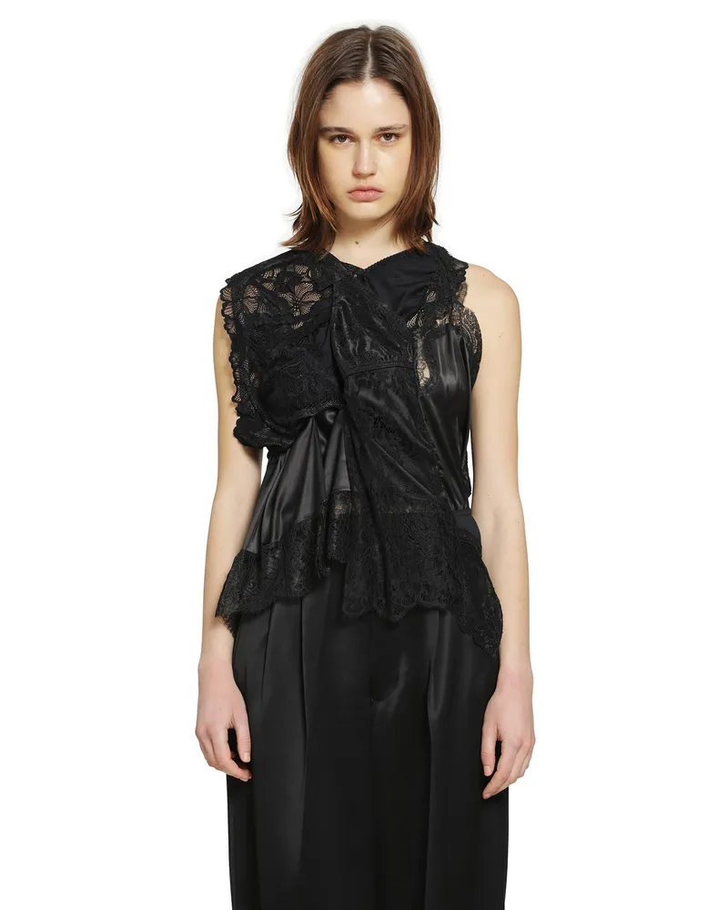 Junya Watanabe Asymmetric Satin Lace Top Black