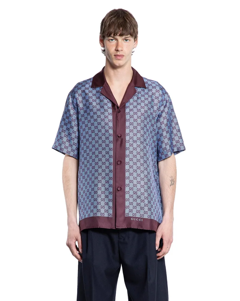 Gucci GG Silk Twill Bowling Shirt Blue