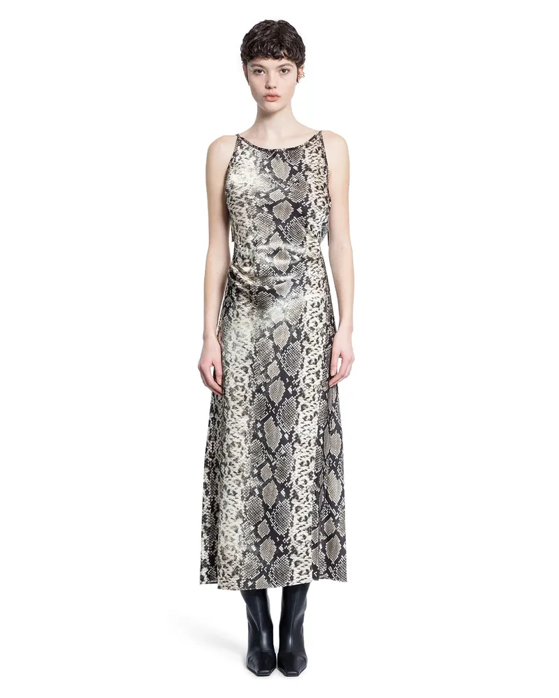 Acne Studios Abito in Raso Fluido con Stampa Pitone Beige