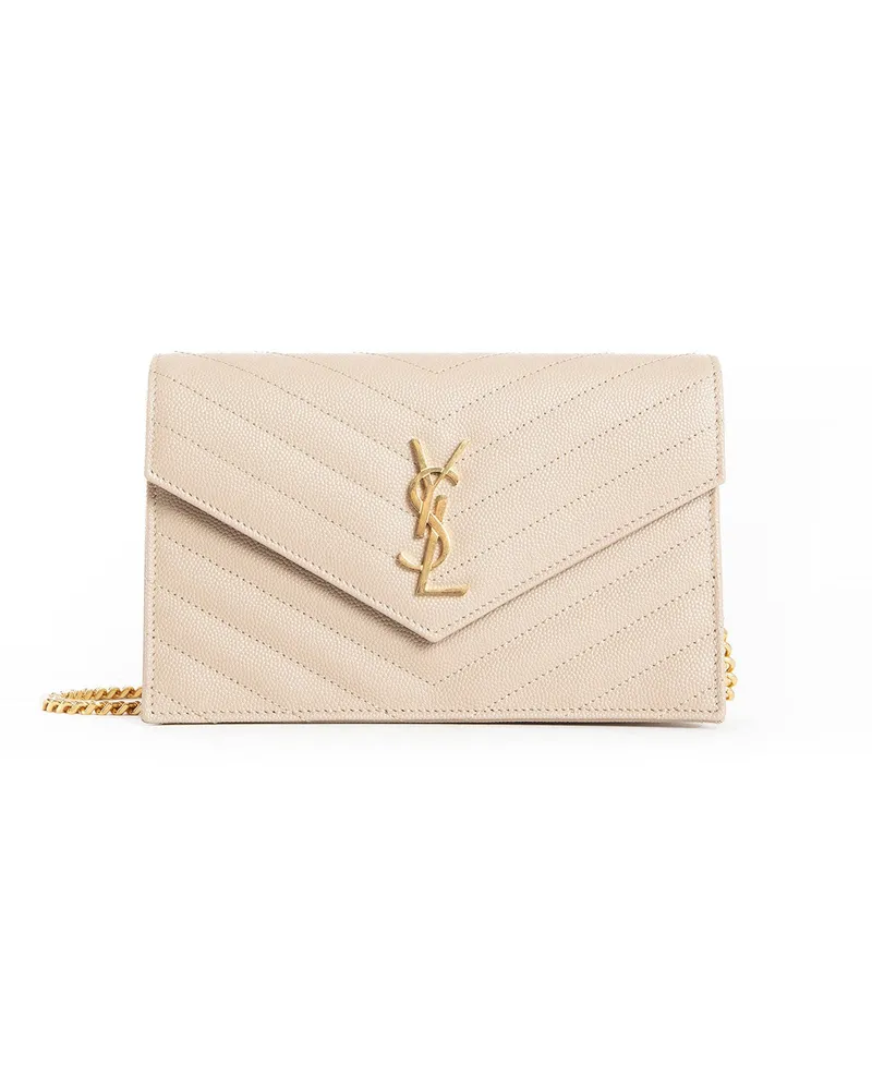 Saint Laurent Cassandre Matelassé Chain Wallet Beige